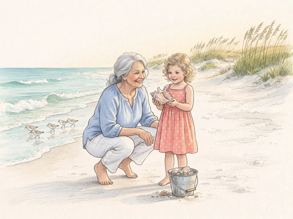 Illustration of a grandmother and child collecting shells on the beach