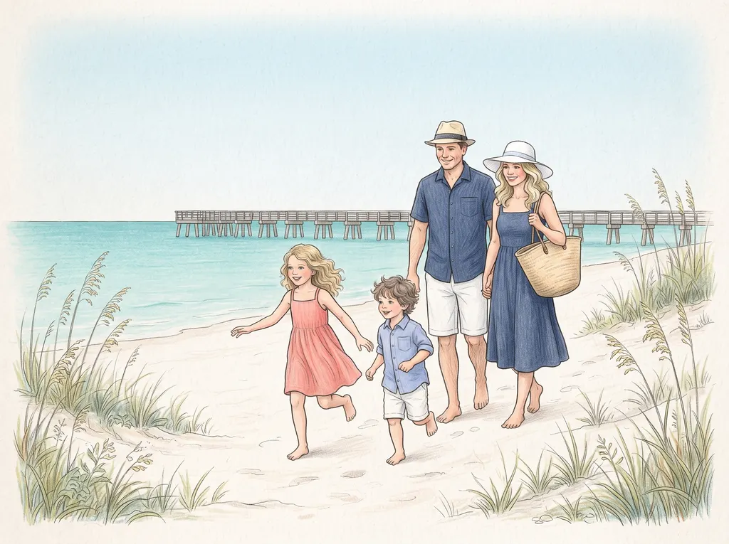 Illustration of a family arriving at the beach with a pier in the distance